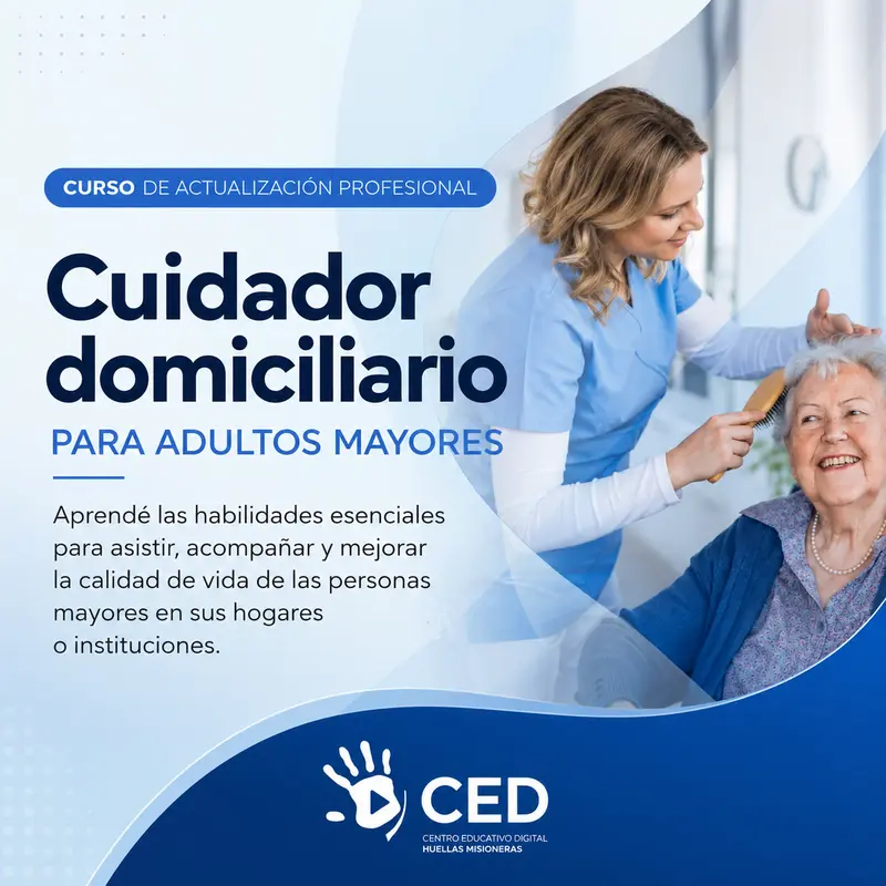 Cuidadora acompañando a un adulto mayor en el hogar